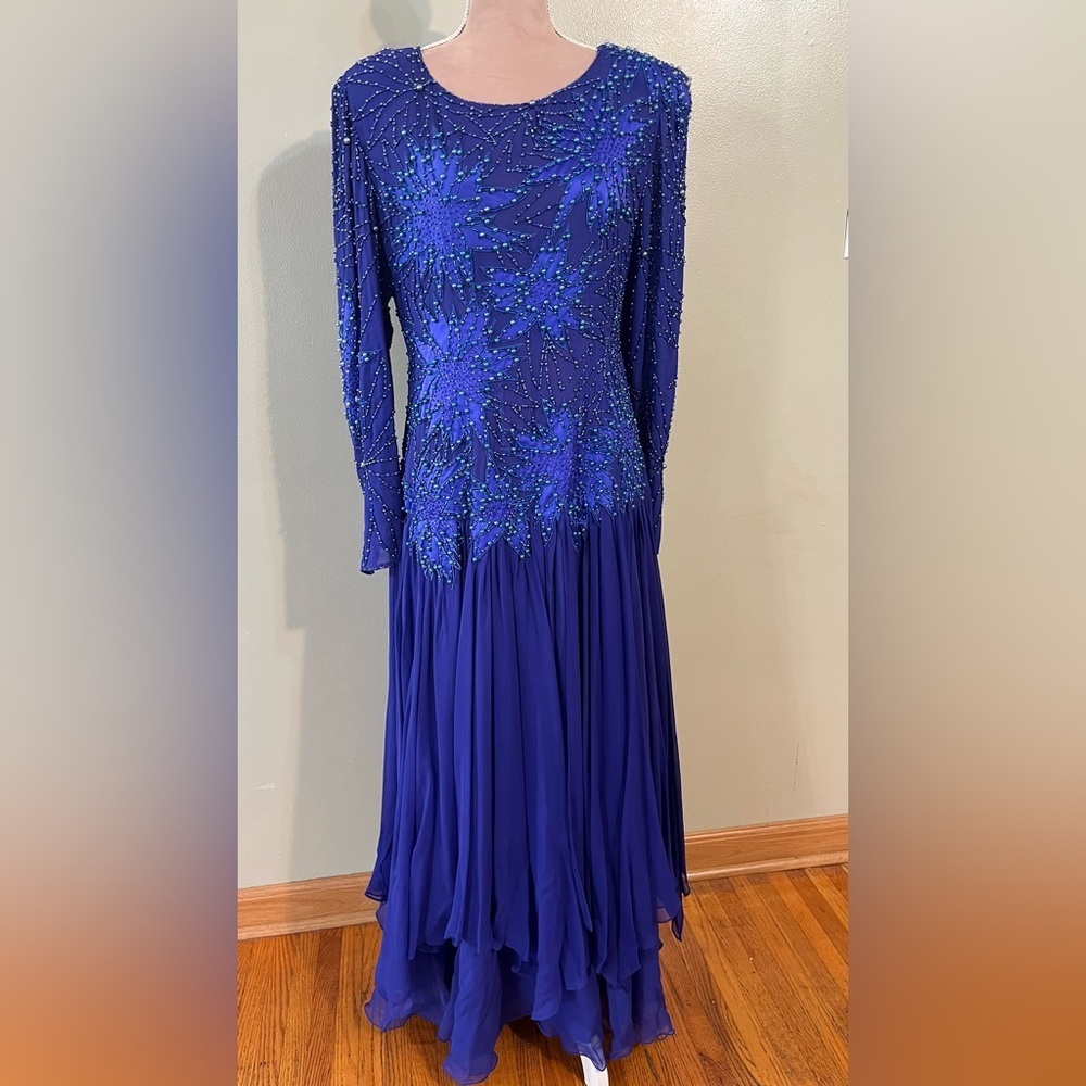 Vintage Jovani 100% Pure Silk Beaded Sequined Elegant Blue Evening Dress L NWT